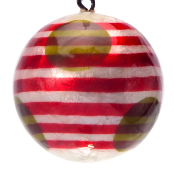 Stripes & Polka Dots Lacquered Hand-made Painted Capiz Christmas Ornament - Red - Picture 1 of 2